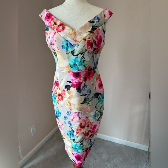 Gorgeous floral off the shoulder ASOS Scuba midi dress bodycon sz 8 wedding - Picture 1 of 12